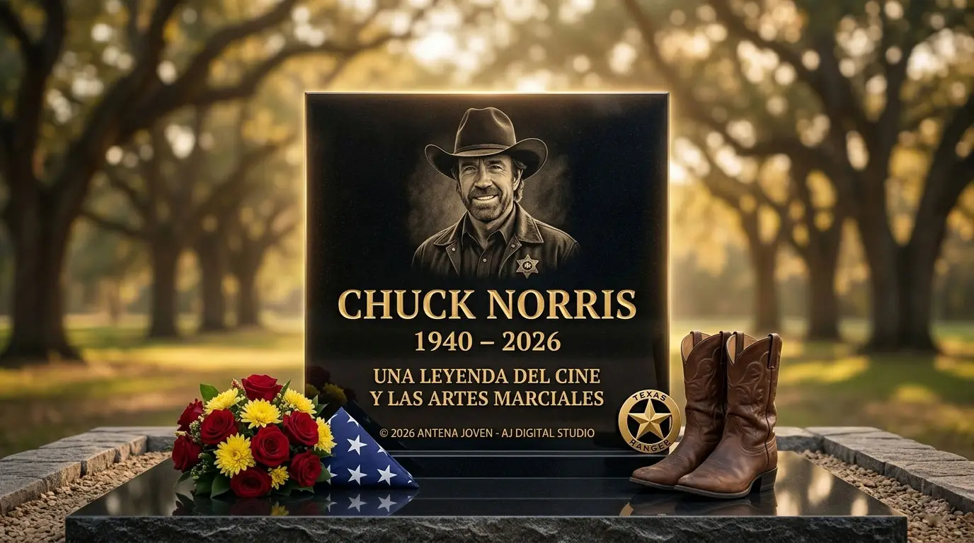Placa conmemorativa de Chuck Norris 1940-2026 con botas de vaquero y bandera de EE. UU.