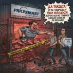 Ilustración satírica de la entrada de PriceSmart Cartago, mostrando a una portera gritando por la membresía mientras un cliente ansioso tropieza con carritos rotos y una clienta estirada lo mira con desprecio. El cartel del fondo parodia el nombre como 'Club de Gritos y Matones'. Denuncia Costa Rica.