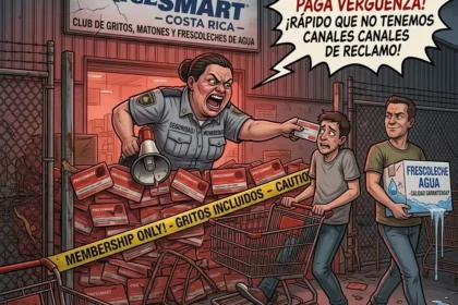 Ilustración satírica de la entrada de PriceSmart Cartago, mostrando a una portera gritando por la membresía mientras un cliente ansioso tropieza con carritos rotos y una clienta estirada lo mira con desprecio. El cartel del fondo parodia el nombre como 'Club de Gritos y Matones'. Denuncia Costa Rica.