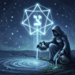 Representación mística de la letra hebrea Tzaddi y el Arcano de La Estrella vertiendo agua bajo un cielo estrellado, estilo Antena Joven.