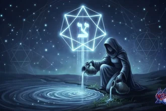 Representación mística de la letra hebrea Tzaddi y el Arcano de La Estrella vertiendo agua bajo un cielo estrellado, estilo Antena Joven.