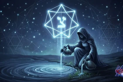 Representación mística de la letra hebrea Tzaddi y el Arcano de La Estrella vertiendo agua bajo un cielo estrellado, estilo Antena Joven.