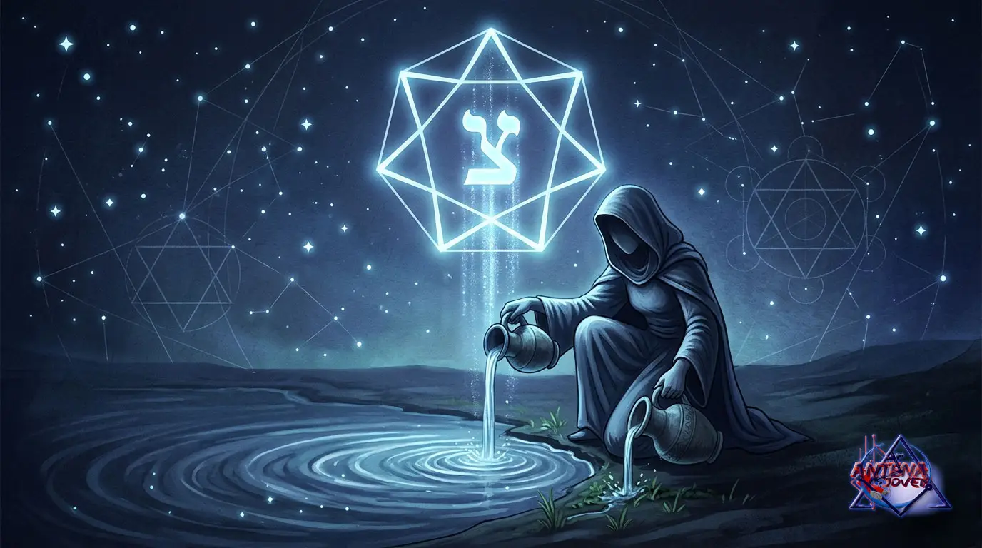 Representación mística de la letra hebrea Tzaddi y el Arcano de La Estrella vertiendo agua bajo un cielo estrellado, estilo Antena Joven.