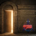 Entrada a un templo antiguo con luz dorada, columnas de piedra con símbolos masónicos y el logotipo de Antena Joven de la serie Entre Columnas y Misterios.