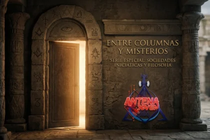 Entrada a un templo antiguo con luz dorada, columnas de piedra con símbolos masónicos y el logotipo de Antena Joven de la serie Entre Columnas y Misterios.