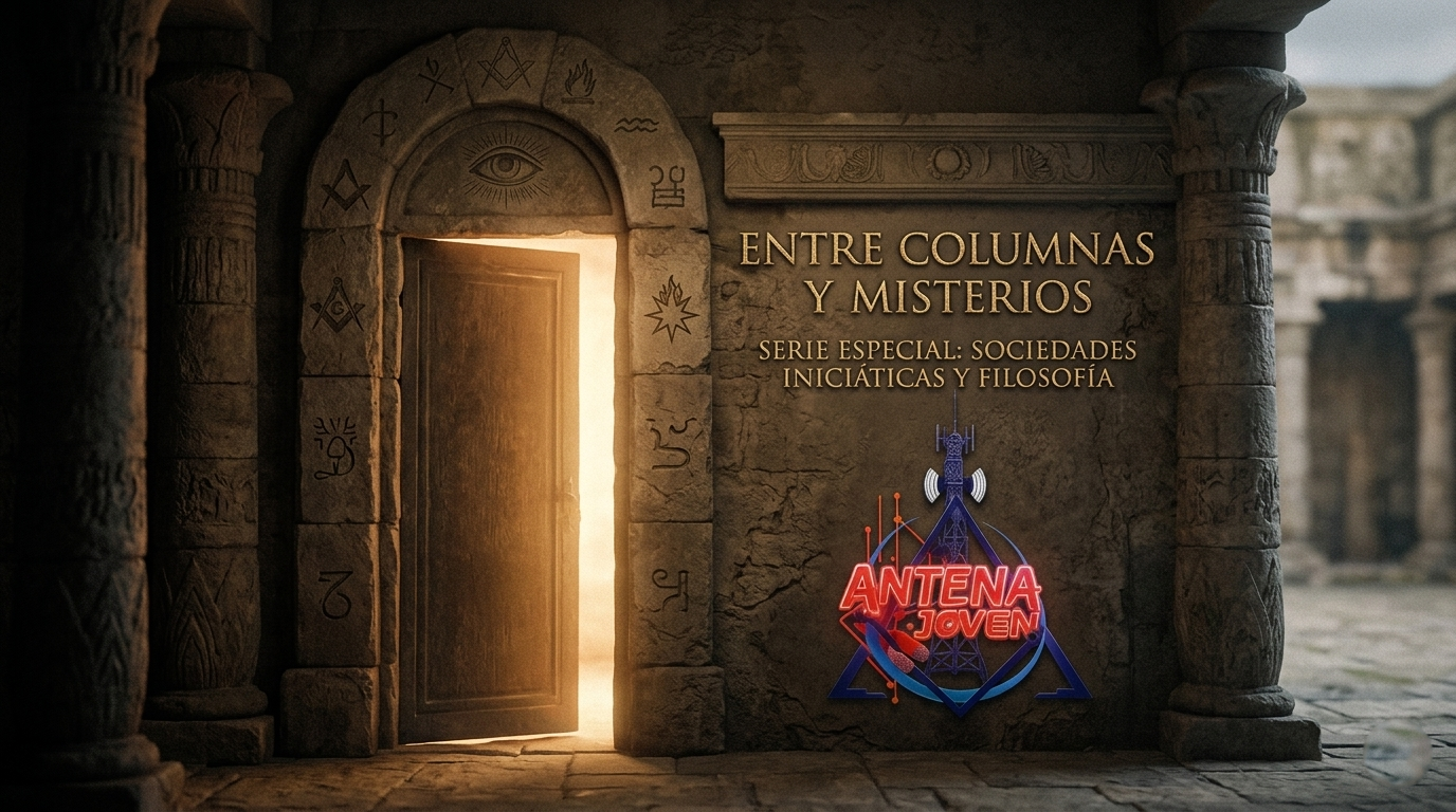 Entrada a un templo antiguo con luz dorada, columnas de piedra con símbolos masónicos y el logotipo de Antena Joven de la serie Entre Columnas y Misterios.