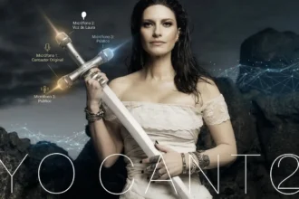 Laura Pausini sosteniendo una espada con tres micrófonos integrados para el álbum Yo Canto 2.