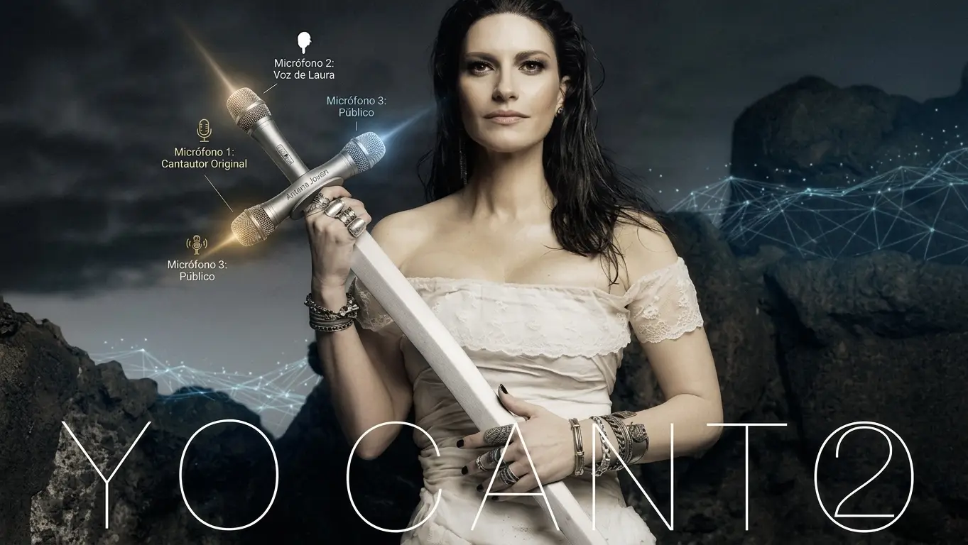 Laura Pausini sosteniendo una espada con tres micrófonos integrados para el álbum Yo Canto 2.
