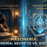 Infografía comparativa de la masonería antigua en la penumbra frente a la masonería moderna del 2026 con tecnología digital y el lema Tocad y se os abrirá.