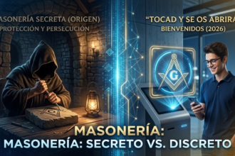 Infografía comparativa de la masonería antigua en la penumbra frente a la masonería moderna del 2026 con tecnología digital y el lema Tocad y se os abrirá.