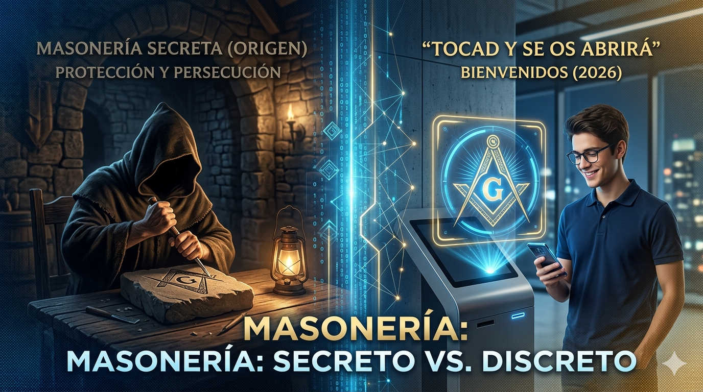 Infografía comparativa de la masonería antigua en la penumbra frente a la masonería moderna del 2026 con tecnología digital y el lema Tocad y se os abrirá.