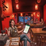 Ilustración de la administradora de Sushi Senday ignorando a clientes en el local bajo luz roja, chateando en WhatsApp y sosteniendo un cartel que dice 'OCUPADITA', denuncia Cartago.