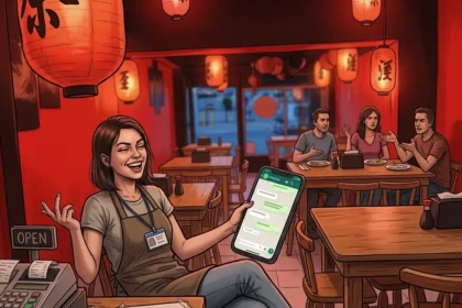 Ilustración de la administradora de Sushi Senday ignorando a clientes en el local bajo luz roja, chateando en WhatsApp y sosteniendo un cartel que dice 'OCUPADITA', denuncia Cartago.