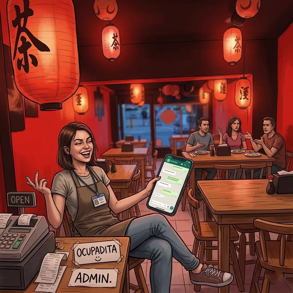 Ilustración de la administradora de Sushi Senday ignorando a clientes en el local bajo luz roja, chateando en WhatsApp y sosteniendo un cartel que dice 'OCUPADITA', denuncia Cartago.