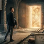 Un hombre joven del siglo XXI frente a una puerta de luz con símbolos esotéricos flotando, dentro de un templo antiguo con tecnología moderna sutil, representando la iniciación.