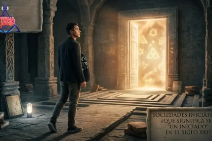Un hombre joven del siglo XXI frente a una puerta de luz con símbolos esotéricos flotando, dentro de un templo antiguo con tecnología moderna sutil, representando la iniciación.