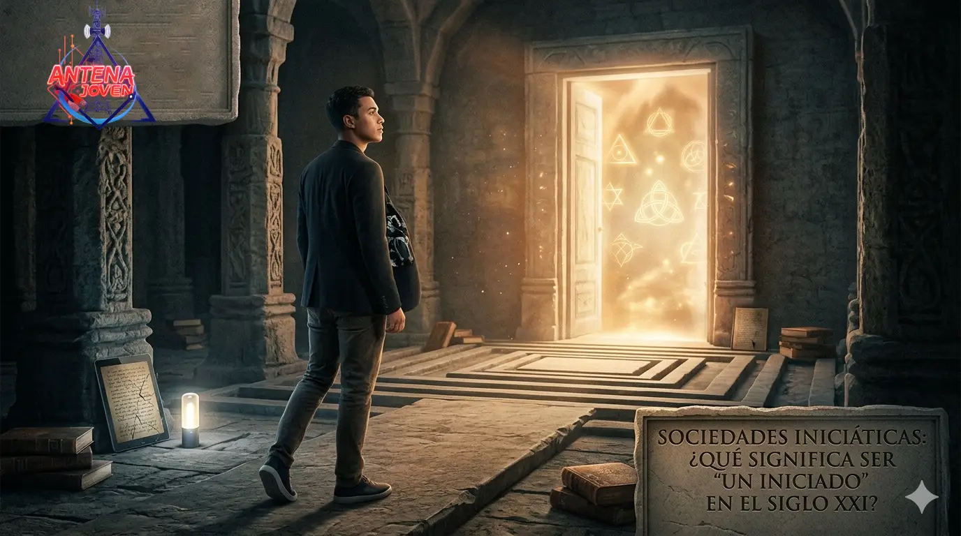 Un hombre joven del siglo XXI frente a una puerta de luz con símbolos esotéricos flotando, dentro de un templo antiguo con tecnología moderna sutil, representando la iniciación.