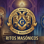 Composición heráldica de tres emblemas masónicos: el Rito Escocés Antiguo y Aceptado (águila bicéfala y 33), el Rito de York (cruz templaria) y el Rito Francés (sol radiante), sobre un fondo arquitectónico iluminado.