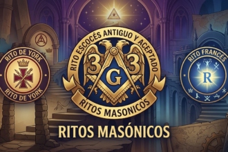 Composición heráldica de tres emblemas masónicos: el Rito Escocés Antiguo y Aceptado (águila bicéfala y 33), el Rito de York (cruz templaria) y el Rito Francés (sol radiante), sobre un fondo arquitectónico iluminado.