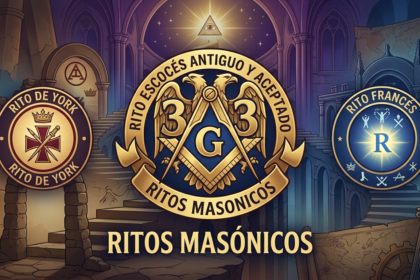 Composición heráldica de tres emblemas masónicos: el Rito Escocés Antiguo y Aceptado (águila bicéfala y 33), el Rito de York (cruz templaria) y el Rito Francés (sol radiante), sobre un fondo arquitectónico iluminado.