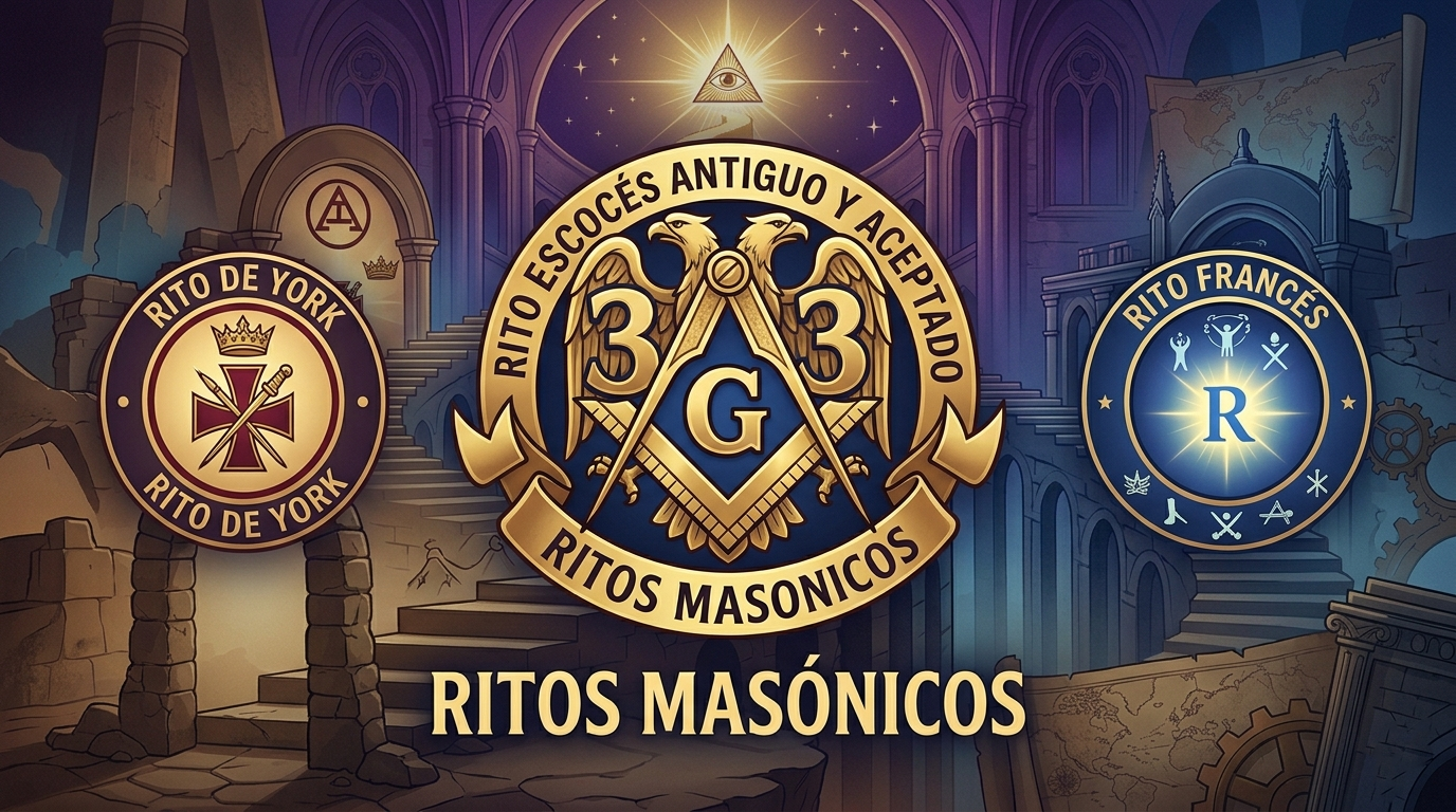 Composición heráldica de tres emblemas masónicos: el Rito Escocés Antiguo y Aceptado (águila bicéfala y 33), el Rito de York (cruz templaria) y el Rito Francés (sol radiante), sobre un fondo arquitectónico iluminado.