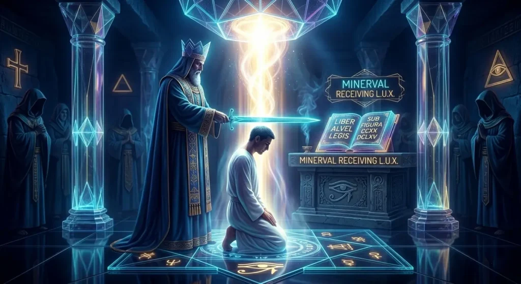 Representación simbólica de un ritual de iniciación Minerval: un Hierofante encapuchado coloca una espada sobre la cabeza de un aprendiz arrodillado, quien recibe una columna de luz L.U.X. de una estructura geométrica. Un altar con el Liber Alvel Legis y la inscripción CCXX / DCLXV es visible en un templo místico neon-glass, ideal para Antena Joven.