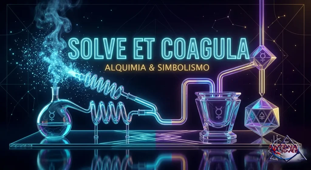 Representación visual del concepto alquímico 'Solve et Coagula' en estilo neon-glass, mostrando la dualidad entre la disolución y la reconstrucción del ser, ideal para Antena Joven.