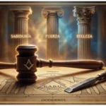 Composición simbólica con un mazo y cincel masónico sobre un plano antiguo, con tres columnas de fondo que representan la Sabiduría, la Fuerza y la Belleza.