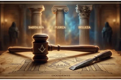 Composición simbólica con un mazo y cincel masónico sobre un plano antiguo, con tres columnas de fondo que representan la Sabiduría, la Fuerza y la Belleza.