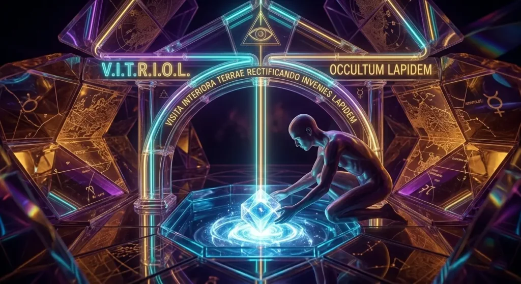 Representación visual del concepto V.I.T.R.I.O.L. en estilo neon-glass, mostrando el descenso hacia la introspección y la 'rectificación' de la conciencia en busca de la 'piedra oculta' en medio de la 'noche oscura del alma', ideal para Antena Joven.