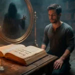 Hombre meditando frente a un libro antiguo en una biblioteca mística con la figura de un maestro en el espejo, representando la autoconquista y la iniciación solitaria.