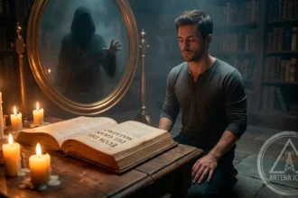 Hombre meditando frente a un libro antiguo en una biblioteca mística con la figura de un maestro en el espejo, representando la autoconquista y la iniciación solitaria.