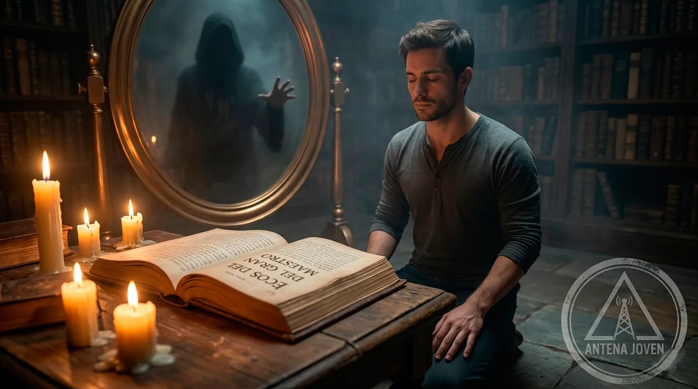 Hombre meditando frente a un libro antiguo en una biblioteca mística con la figura de un maestro en el espejo, representando la autoconquista y la iniciación solitaria.