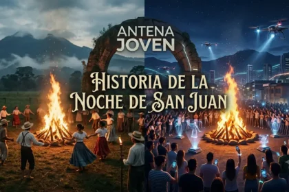 Celebración comparativa de la historia de la Noche de San Juan con tecnología moderna y hoguera en 2026. (Esencial para accesibilidad y para que Google entienda el contenido de la imagen).