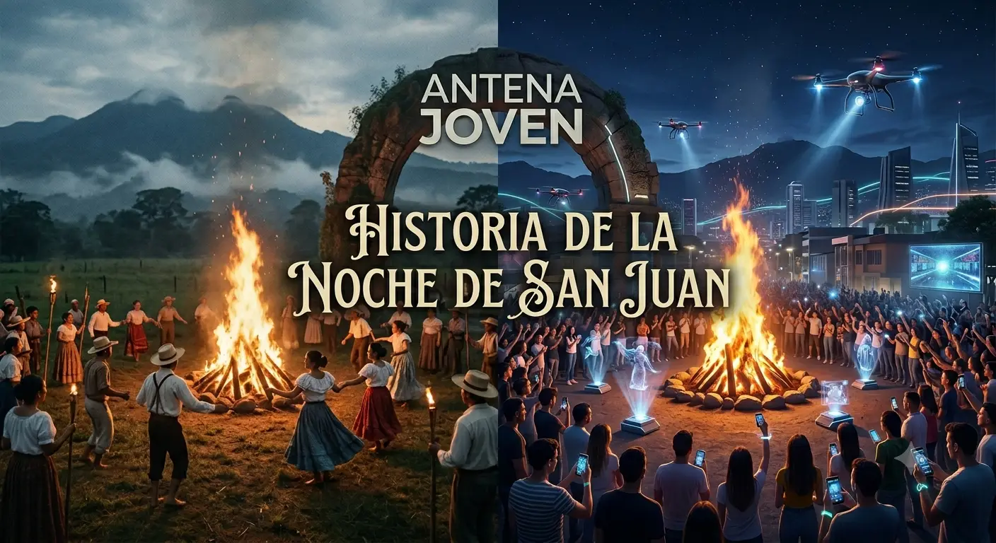 Celebración comparativa de la historia de la Noche de San Juan con tecnología moderna y hoguera en 2026. (Esencial para accesibilidad y para que Google entienda el contenido de la imagen).